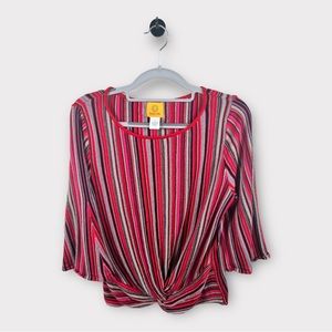 Ruby Rd Lipstick Red Shirt Top Large Metallic Stripe Twist Hem Stretch Pink